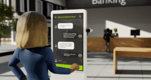 Using a large screen, a woman chats with a virtual assistant to open a savings account.