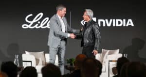 Lilly CEO Dave Ricks shaking hands with NVIDIA CEO Jensen Huang