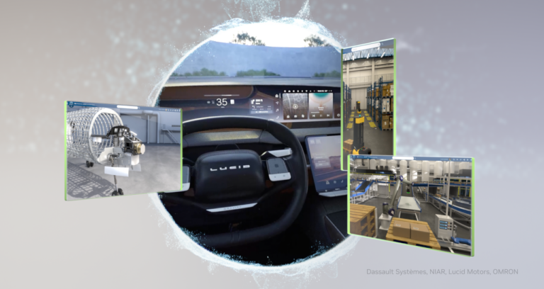 noticias.ai 4 Into the Omniverse imagery with an egocentric car view and industrial factories.