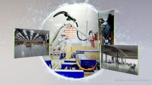 Key visual showcasing partner robots in action running and working on an assembly line.