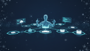 Editorial conceptual illustration of an enterprise data platform with AI agents: abstract dashboard visualization showing ...