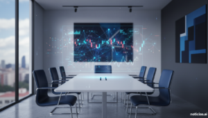 Editorial conceptual scene of a Spanish tech consultancy boardroom: clean modern office with large window, minimalist desk...