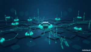 Editorial tech illustration: abstract neural network and code flow visualization in deep navy blue and electric teal, mini...