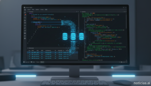 A dark-themed developer workstation screen showing SQL code and database query results alongside a terminal with Python co...