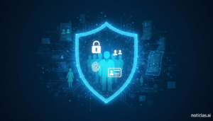 Concepto de privacidad e inteligencia artificial: red neuronal protegiendo datos personales con un escudo digital