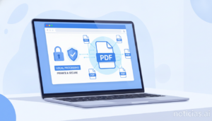 A clean tech scene showing multiple PDF document icons being merged into one on a laptop screen in a browser window, with ...