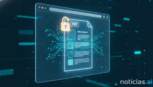 A glowing browser window displaying a PDF document with a padlock symbol and circuit board patterns, representing local pr...