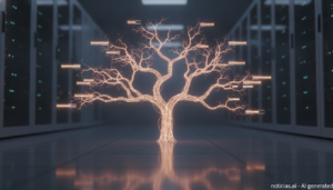 Árbol de decisiones luminoso con ramas que representan probabilidades sobre un centro de datos