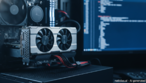 Tarjeta gráfica instalada en un PC con una terminal de Linux al fondo
