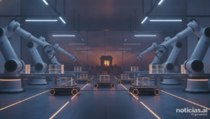 Robots industriales con IA trabajando en una fábrica