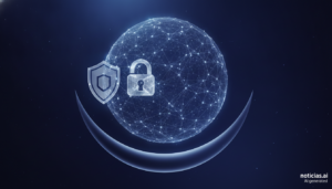 Red neuronal junto a una luna creciente con un escudo de seguridad