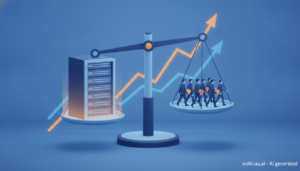 Ilustración de una balanza entre centros de datos y empleados que se marchan