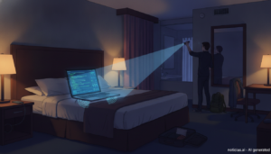 Viajero revisando una habitación de hotel con una linterna mientras un portátil escanea la red