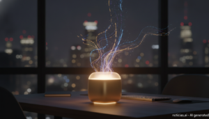 Miniordenador de IA de sobremesa en una oficina con flujos de luz que representan tokens