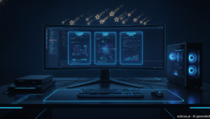 Monitor con un editor de código y varios paneles de agentes de IA
