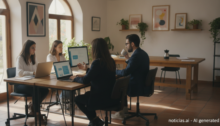 noticias.ai 6 Empleados de una pequeña empresa española trabajando con herramientas de inteligencia artificial en sus ordenadores