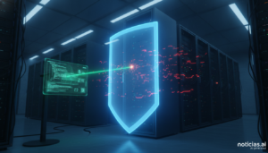 Ilustración de un escudo digital protegiendo servidores frente a ataques que explotan vulnerabilidades